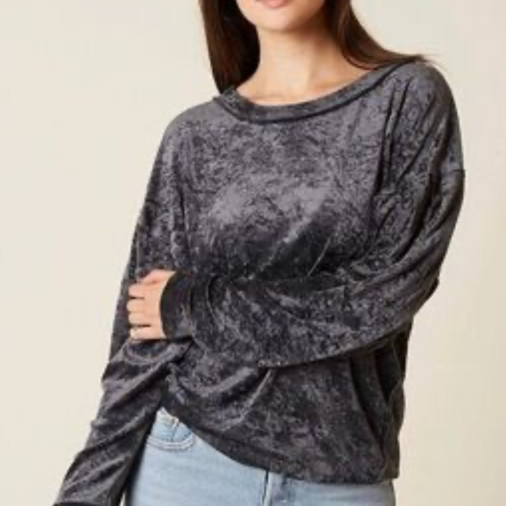 Free People We The Free Grey Crushed Velvet Long Sleeve Top Relaxed Fit Small